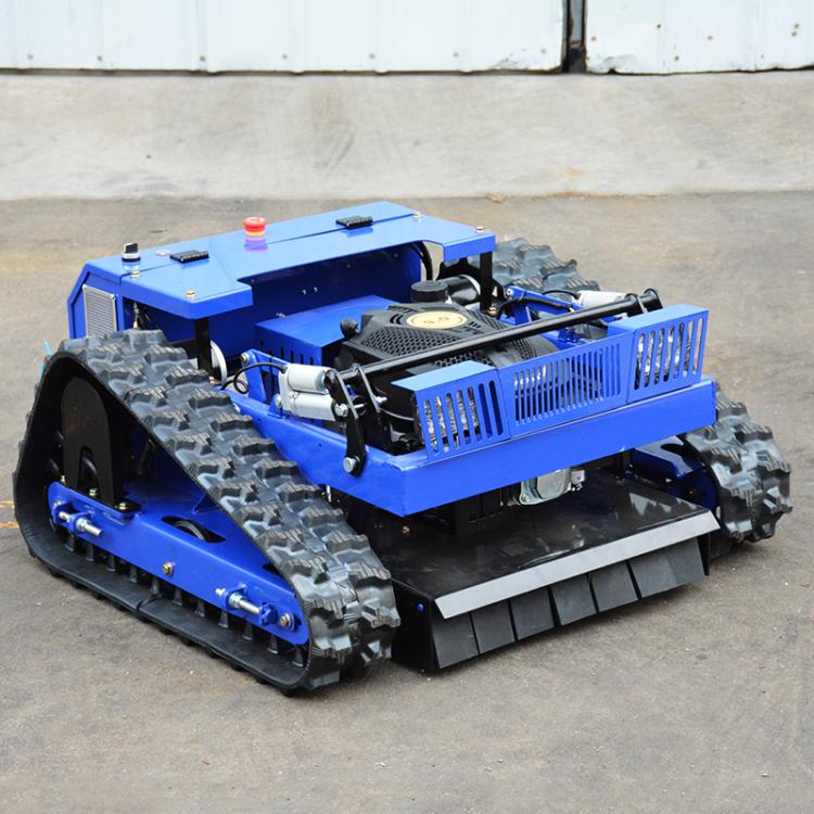 Blue remote crawler lawn mower with engine cover, side grille, and knobby tracks