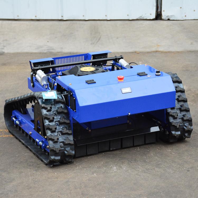 Blue remote crawler lawn mower side view with engine housing and vented grille