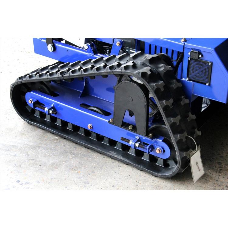 Blue crawler mower with front cutting deck guards and dual steel roller bars