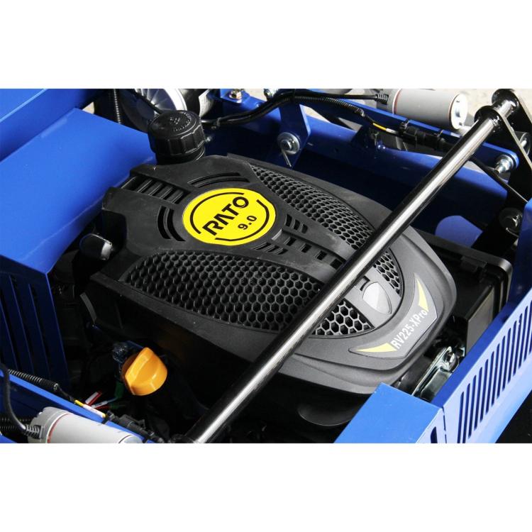 RATO engine cover on blue remote crawler mower with metal support bar