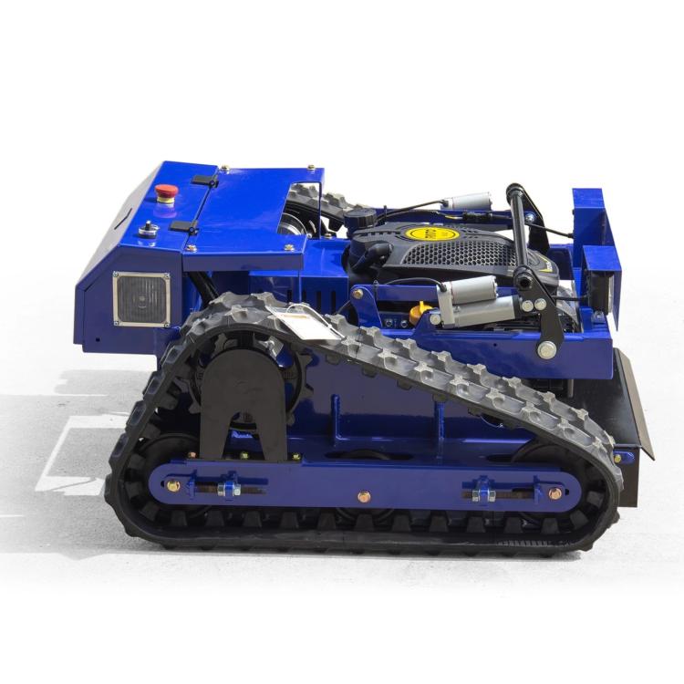 Blue remote crawler lawn mower profile with knobby rubber tracks and side chute