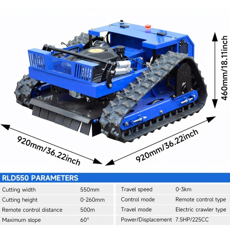 Blue remote-controlled crawler lawn mower with articulated tracks and front brush guard