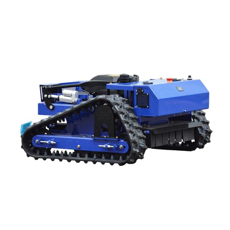 Blue remote-controlled crawler mower with rubber tracks and cutting deck