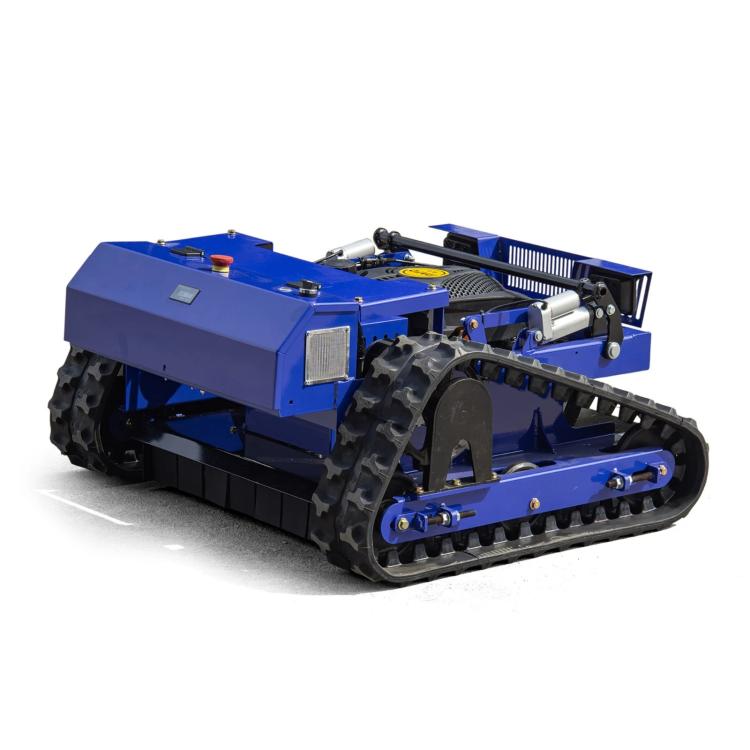 Blue industrial crawler mower with rubber tracks and front cutting bar