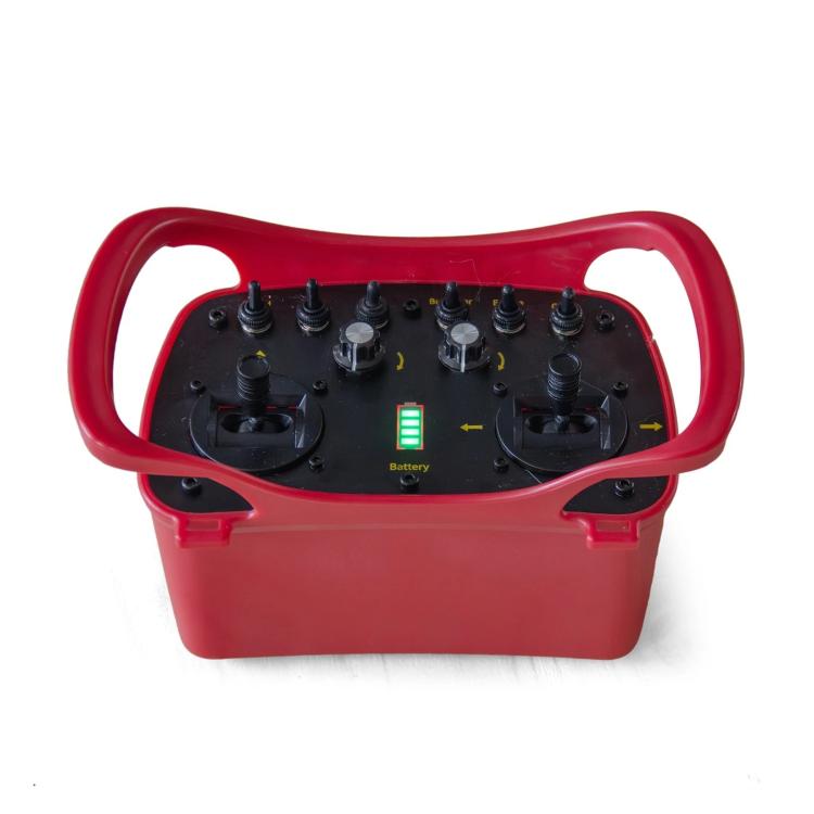 Red remote controller with battery indicator lights and button controls