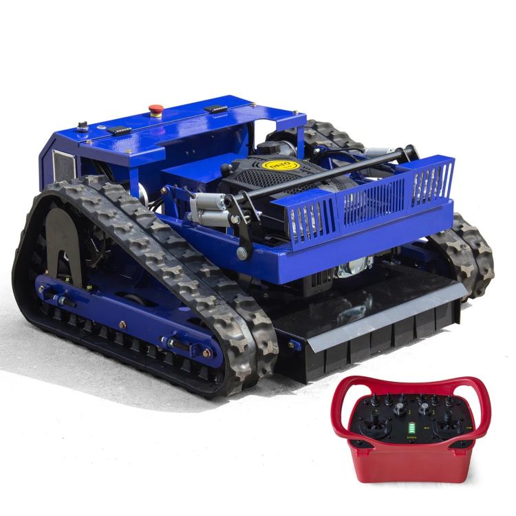 Blue crawler mower with rubber tracks, side guards, and red remote controller