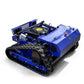 Blue crawler mower top view with engine cover, fan grille, and rubber tracks