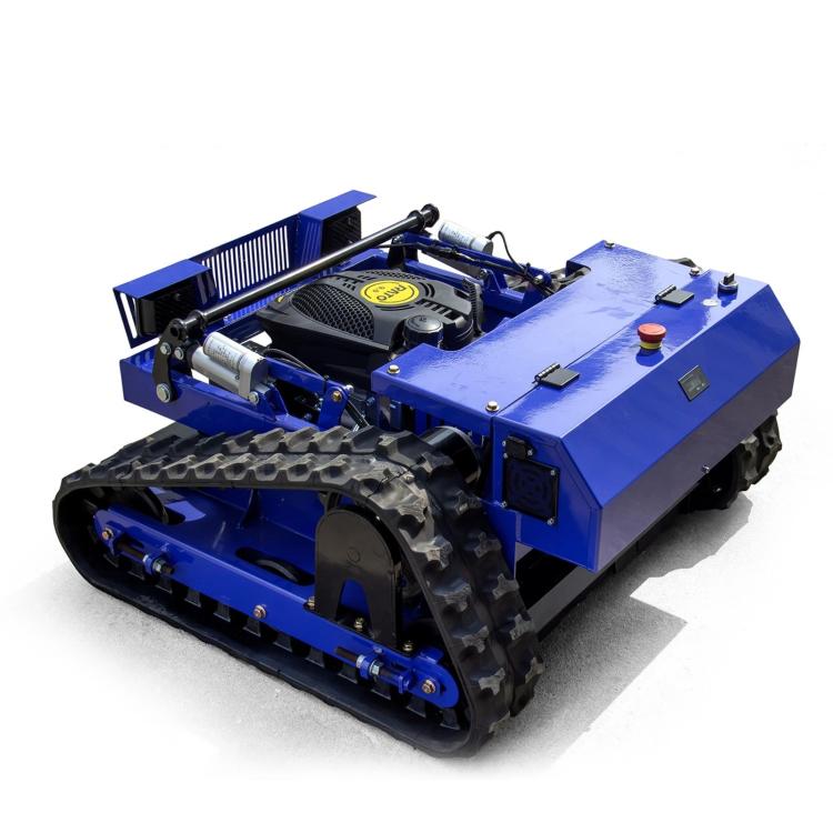 Blue crawler mower top view with engine cover, fan grille, and rubber tracks