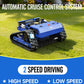 Blue remote-controlled crawler lawn mower on grass, compact tracked design