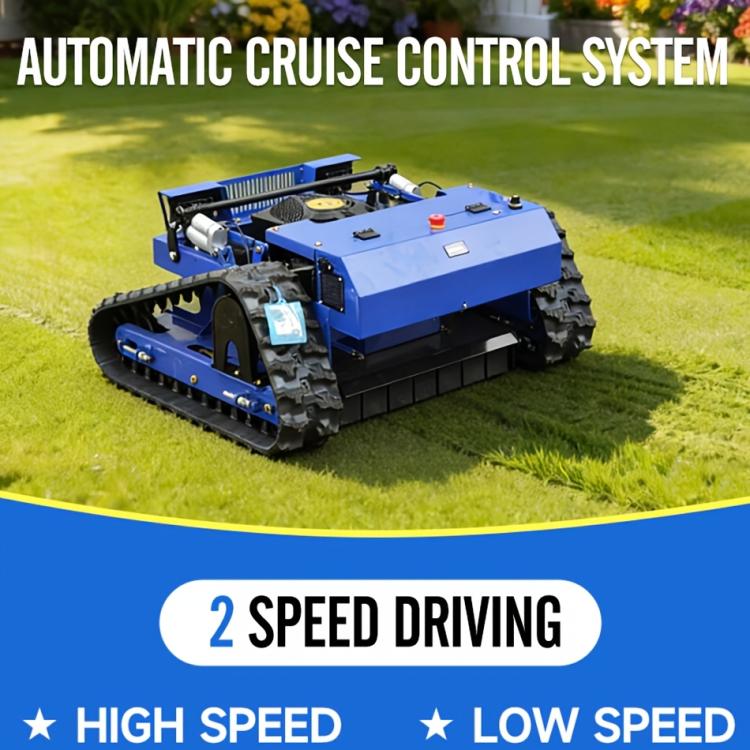 Blue remote-controlled crawler lawn mower on grass, compact tracked design