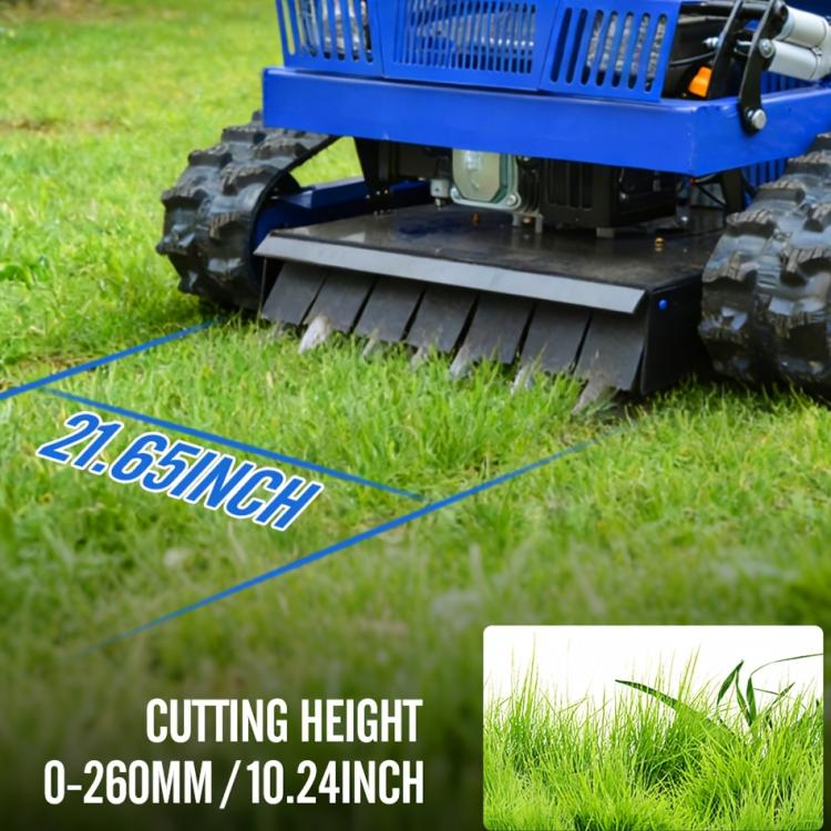 Blue remote-controlled crawler lawn mower showing front cutting height adjustment
