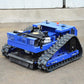 Blue remote-controlled crawler lawn mower with engine housing and rear traction tracks