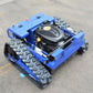 Blue remote-controlled crawler lawn mower with exposed engine and heavy-duty tracks