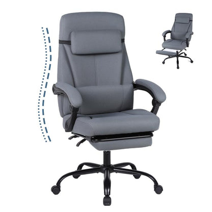 Grey fabric ergonomic office chair with high back, padded headrest, and armrests