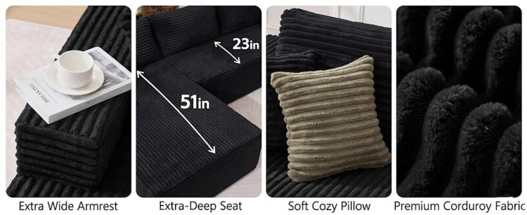 Black corduroy sectional sofa showing deep seat and wide armrest