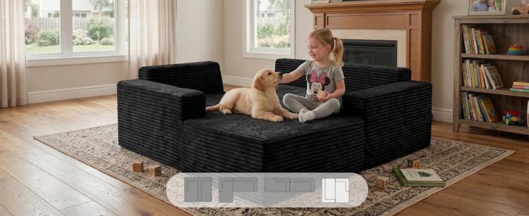 Black corduroy chaise sectional sofa with thick armrests and soft cushions