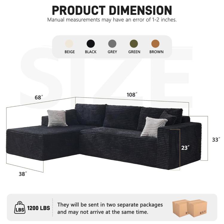 Black modular L-shaped sectional sofa with chaise, shown with size diagram