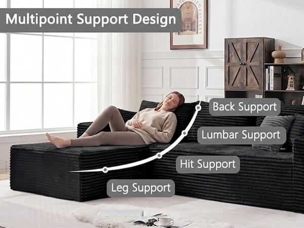 Black corduroy sectional sofa with chaise and visible back, lumbar, and leg support