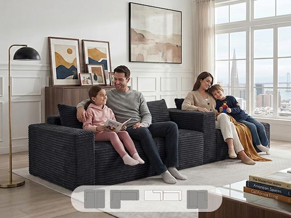 Black corduroy modular sectional sofa with deep seats and supportive back cushions