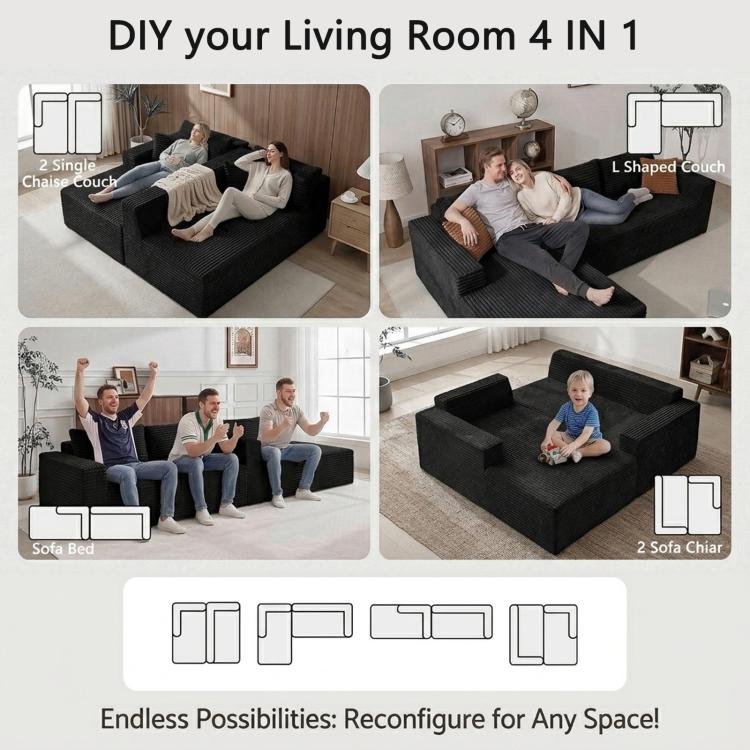 Black modular sectional sofa layout options for L-shaped seating and chaise