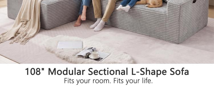 Gray corduroy L-shaped modular sectional sofa with oversized chaise