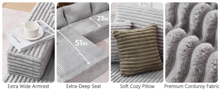 Gray corduroy sectional sofa close-up: extra-wide armrests and deep seat cushions