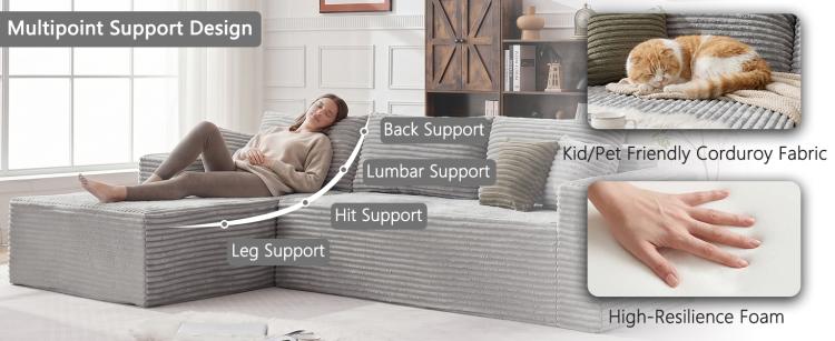 Gray corduroy sectional sofa showing backrest and lumbar support cushions