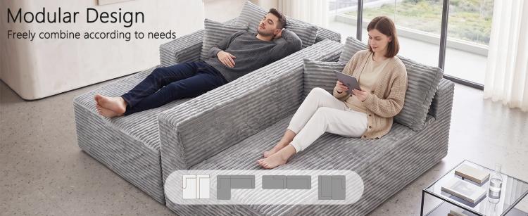 Gray corduroy modular L-shaped sectional sofa with chaise and supportive armrests