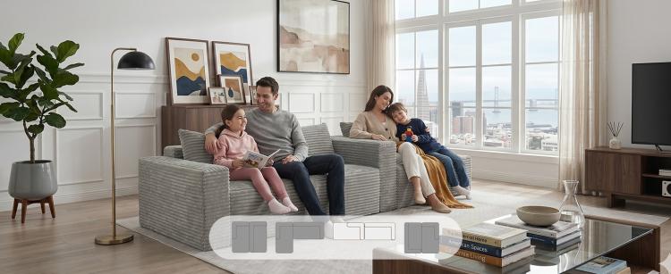 Gray corduroy sectional sofa with deep seats and chaise for family lounging