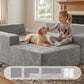 Gray corduroy L-shaped sectional sofa with armrests and deep seat for pets