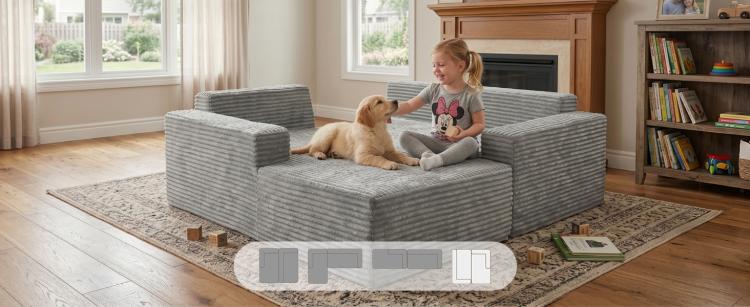 Gray corduroy L-shaped sectional sofa with armrests and deep seat for pets