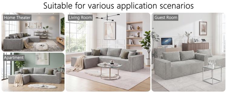 Gray modular sectional sofa in living room, chaise and seat cushions visible