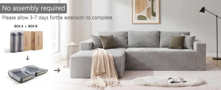 Gray corduroy modular sectional sofa with chaise, packaged parts shown