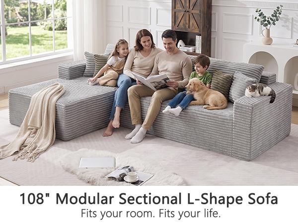 Gray corduroy modular sectional L-shape sofa with oversized chaise and cushions