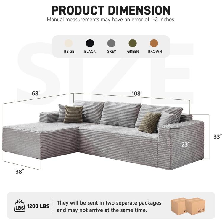 Grey corduroy modular L-shaped sectional sofa with measurement diagram for sizing