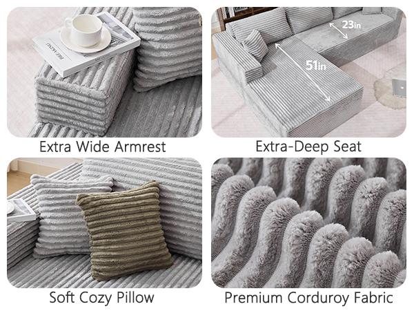 Gray corduroy sectional sofa with wide armrests and deep seat cushions