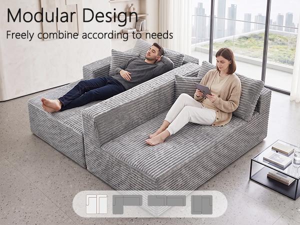 Gray modular sectional sofa with oversized chaise and deep, cushioned seating