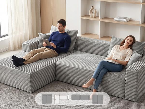 Gray corduroy L-shaped sectional sofa with chaise for reclining