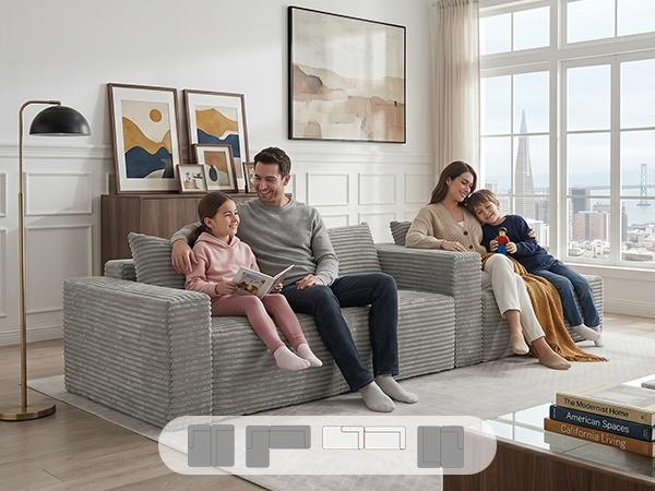 Gray corduroy modular sectional sofa with L-shape and oversized chaise seating