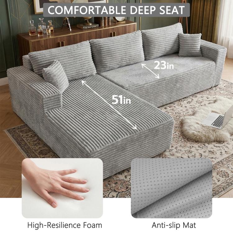 Light grey corduroy sectional sofa showing deep seat and chaise layout