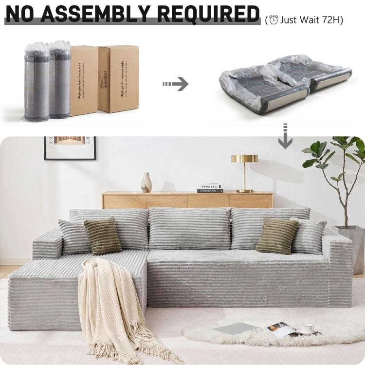 Grey corduroy sectional sofa with modular pieces and no-assembly packaging