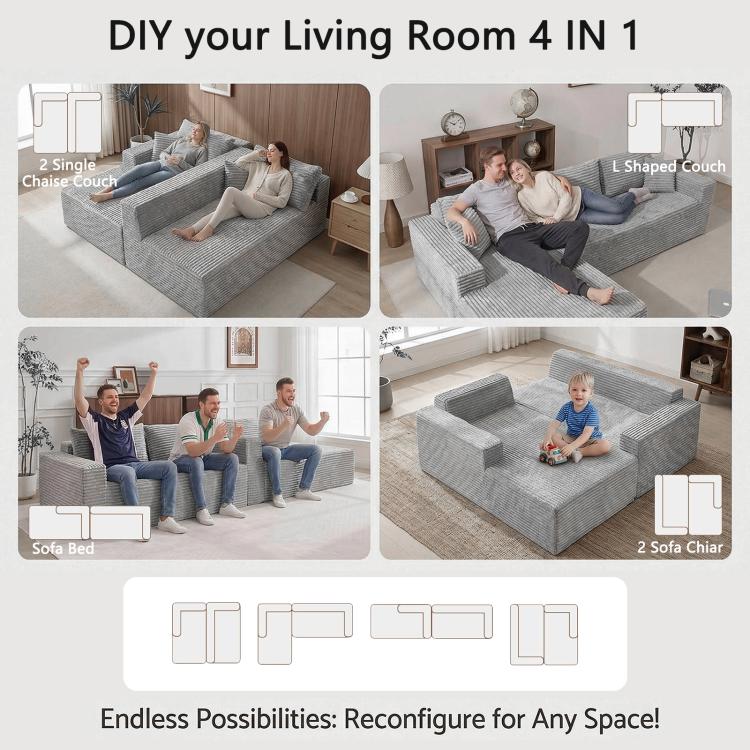 Grey corduroy sectional sofa with multiple configuration views for an L-shaped layout
