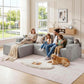 Grey corduroy L-shaped sectional sofa with deep chaise and large cushions