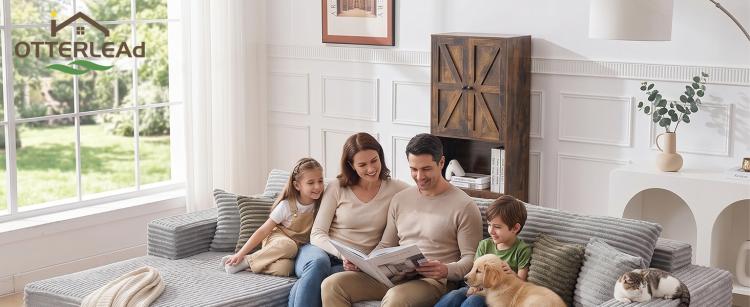 Grey corduroy modular sectional sofa with chaise seating for family lounging