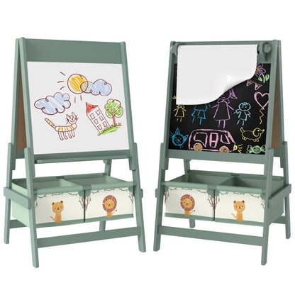 Kids double-sided art easel, green frame, whiteboard and chalkboard panels