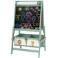 Green kids art easel with blackboard surface and two storage bins