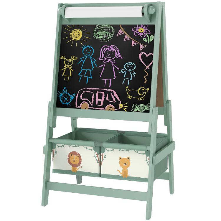 Green kids art easel with blackboard surface and two storage bins