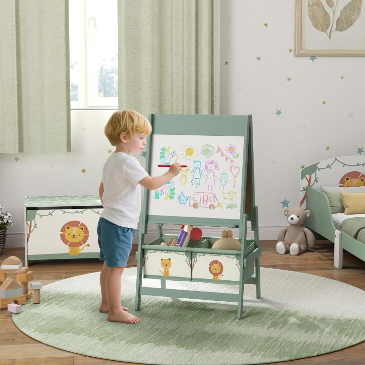 Green kids art easel with whiteboard panel and front storage bins