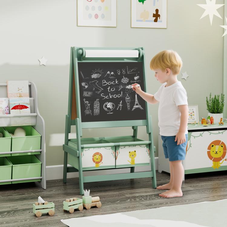 Green kids art easel with blackboard writing area and bottom storage bins