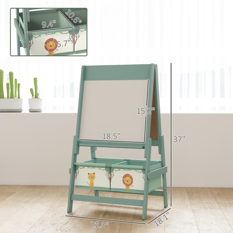 Green kids art easel, whiteboard panel, two lower storage bins (size view)